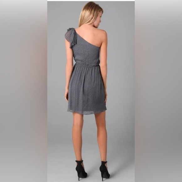 REBECCA TAYLOR GRAY 1 SHOULDER RUFFLED DRESS DOT SILK CHIFFON PARTY MINI - 4 - Picture 2 of 8